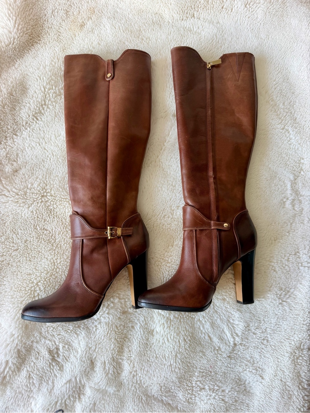 Vince Camuto Tall Brown Leather Heeled Riding Boots with Gold Buckle